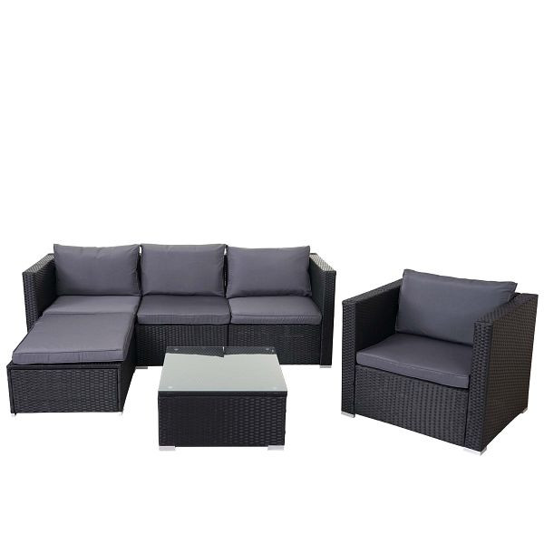 Mendler Poly-Rattan-Garnitur Brescia, Gartengarnitur Sitzgruppe Sofa Lounge-Set, schwarz, Kissen anthrazit, 52760+52761+52762