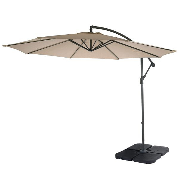 Mendler Ampelschirm Acerra, Sonnenschirm Sonnenschutz, Ø 3m neigbar, Polyester/Stahl 11kg, sand-beige mit Ständer, 46814+31831