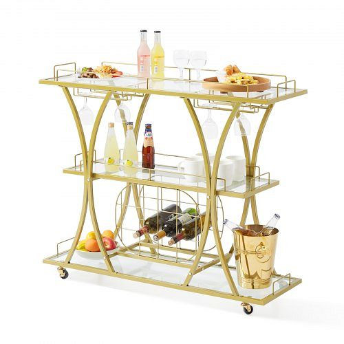 VEVOR Servierwagen 3 Ebenen, Weinwagen 82 kg Belastbar, Verspiegelte Glasablagen 111 x 35 x 92,5 cm, für kleine Räume, Küche, BLFWCCB14X43XARO0V0