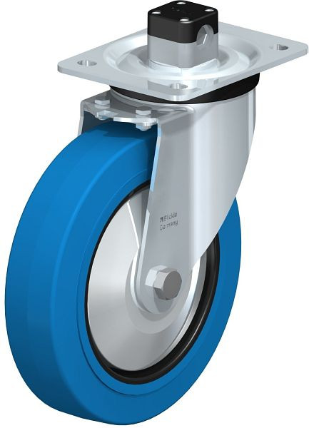 Blickle L-POEV 200XR-CS11-SB-FA Stahlblech-Lenkrolle, mittelschwere Ausführung, mit Anschraubplatte & Zentralfeststeller, Elastik-Vollgummi, Blau, 850733