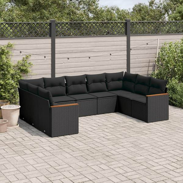 vidaXL 9-tlg. Garten-Sofagarnitur mit Kissen Schwarz Poly Rattan, UV-beständig, 3258674