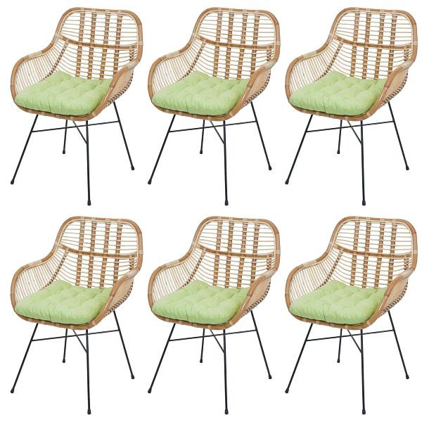 Mendler 6er-Set Esszimmerstuhl HWC-P17, Küchenstuhl Korbstuhl Rattansessel Rattanstuhl Stuhl, Kubu Rattan Metall, Polster grün, 6x139662