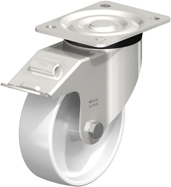 Blickle LX-PO 150G-FI Edelstahl-Lenkrolle, mittelschwere Ausführung, mit Anschraubplatte & Feststeller, Polyamid, Weiß, 9720