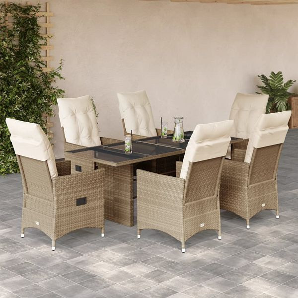 vidaXL 7-tlg. Garten-Essgruppe mit Kissen Beige Poly Rattan, 3276808