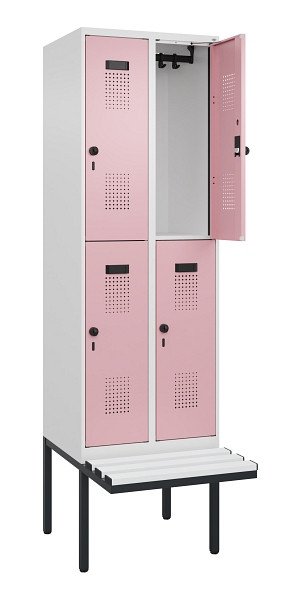 C+P Doppelstock-Spind Evolo PLUS, Bank, 4 Fächer, 2120x600x815mm, 9016/3015, Drehriegel, Sitzfläche Kunststoff, 0493407-20 S10099