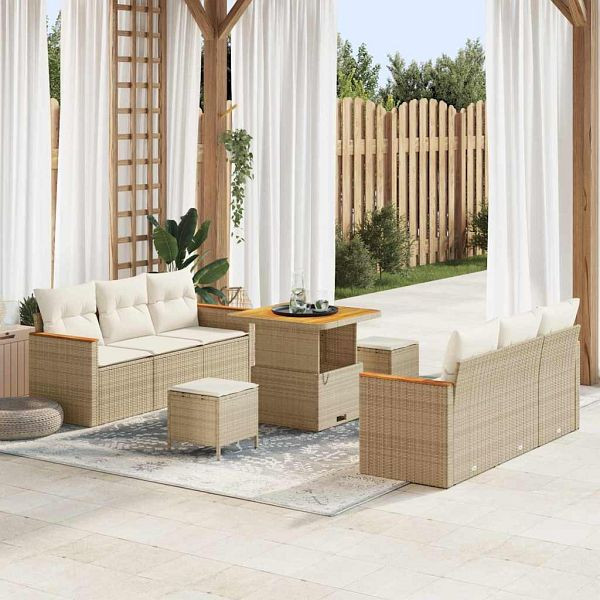 vidaXL Garten-Sofa-Set mit Kissen mit Speicher 9-teilig Beige Poly-Rattan, 3364946