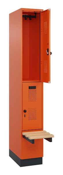 C+P Doppelstock-Spind Evolo PLUS, Bank, 2 Fächer, 1950x300x815mm, 2004/2004, Drehriegel, Sitzfläche Buche-Hartholz, mit Sockel, 049340-10 S10023