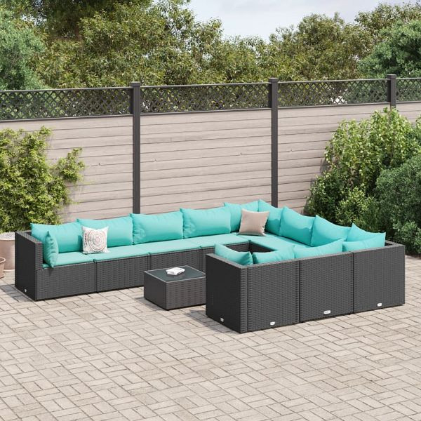 vidaXL 11-teilig Garten-Sofagarnitur mit Kissen Schwarz Poly Rattan, 3308340