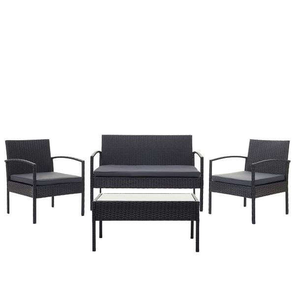 Mendler Poly-Rattan Garnitur HWC-F56, Balkon-/Garten-/Lounge-Set Sitzgruppe, schwarz, Kissen dunkelgrau, 69822