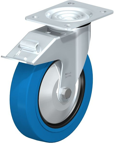 Blickle LE-POEV 200R-FI-SB-FA Stahlblech-Lenkrolle mit Anschraubplatte & Feststeller, Elastik-Vollgummi, Blau, 749655