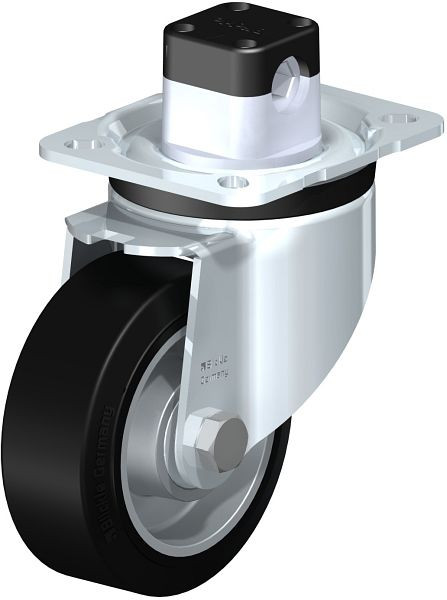 Blickle LK-ALEV 100K-1-CS11 Stahlblech-Lenkrolle, schwere Ausführung, mit Anschraubplatte & Zentralfeststeller, Elastik-Vollgummi, Schwarz, 752001