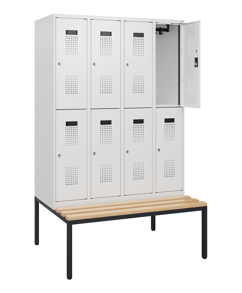 C+P Doppelstöckiger Spind Evolo PLUS, Bank, 8 Fächer, 1950x1200x815mm, 9016/9016, Zylinderschloss, Sitzfläche Buche-Hartholz, Sitzbank, 0493505-40 S10053
