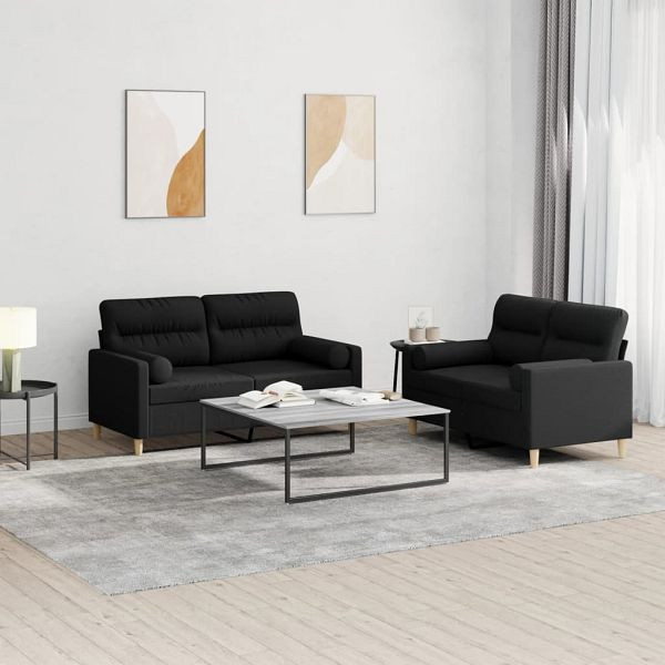 vidaXL 2-teilig Sofagarnitur mit Kissen Schwarz Stoff, 3201588