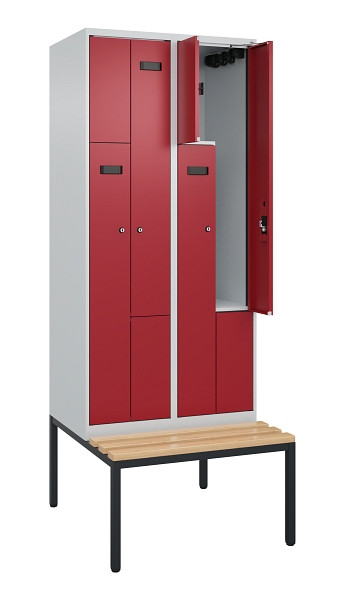 C+P Z-Spind Evolo PLUS, Bank, 4 Fächer, 2120x800x815mm, 7035/3003, Zylinderschloss, Sitzfläche Buche-Hartholz, Sitzbank, 0490537-224 S10032
