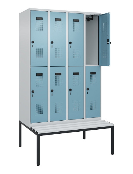 C+P Doppelstock-Spind Evolo PLUS, Bank, 8 Fächer, 2120x1200x815mm, 7035/0010, Drehriegel, Sitzfläche Kunststoff, Sitzbank, 0493507-40 S10090