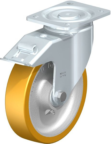 Blickle LH-GTH 200K-FI Stahlblech-Lenkrolle, Schwerlast-Ausführung, mit Anschraubplatte & Feststeller, Blickle Extrathane®, Hellbraun, 474825