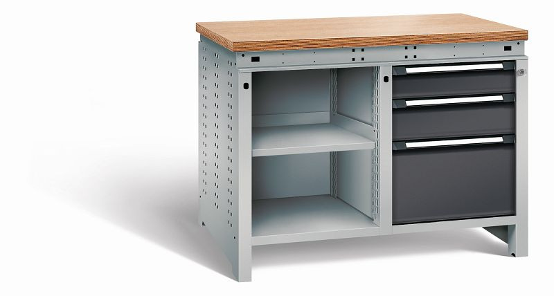 Otto Kind Werkbank Serie function Typ 212, Multiplexplatte, bündig, 2x Unterbau, 1x Zentralverschluss, Gehäuse RAL 9006, Front RAL 9005, 07234213N