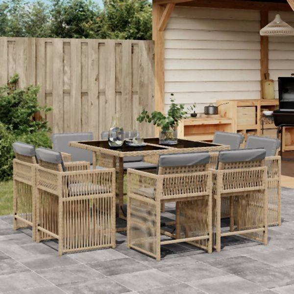 vidaXL 9-tlg. Garten-Essgruppe mit Kissen Beigemischung Poly Rattan, 3211740