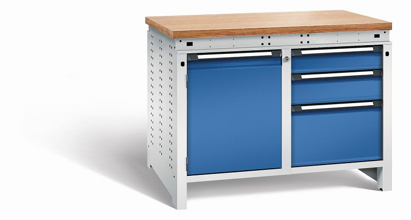Otto Kind Werkbank Serie function Typ 213, Multiplexplatte 40 mm, bündig, 2x Unterbau + Zentralverschluss, Gehäuse RAL 7035, Front RAL 5010, 072343186