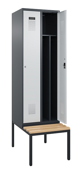 C+P Spind Evolo PLUS, 2 Abteile, 2120x600x815mm, 7016/7035, Zylinderschloss, Sitzfläche Buche-Hartholz, Sitzbank, 0490507-20F S10044