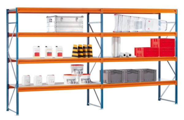 Schulte Grundregal, Weitspannregal mit Stahlpaneelen W 100, 2500 x 1785 x 600 mm, blau/orange/verzinkt, 4 Ebenen, Fachlast 670 kg, 19610