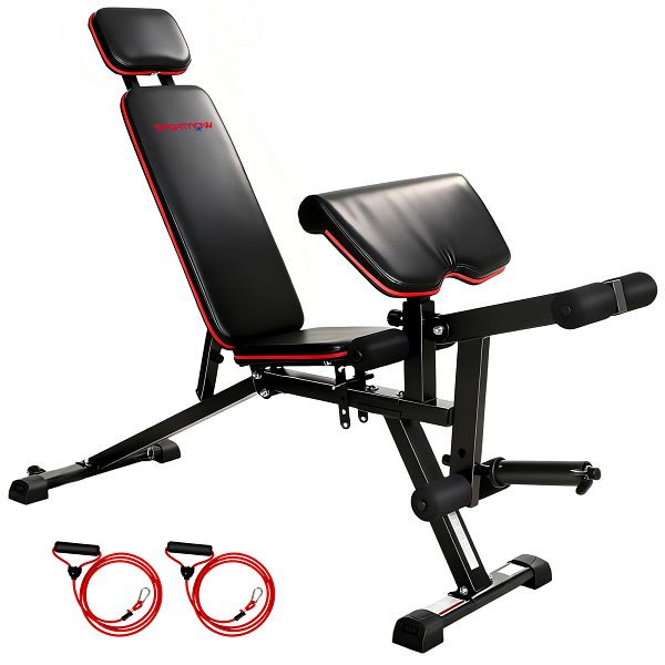 SPORTNOW Hantelbank verstellbar bis 300 kg 3 in 1 Trainingsbank mit Rollen Beinstrecker Curlpult Kopfstütze Widerstandsbändern, A91-441V00RD