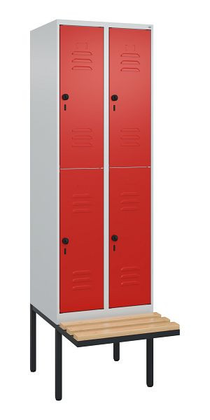 C+P Doppelstöckiger Spind Classic PLUS, 2 Abteile, 2120x600x815mm, 7035/3020, Drehriegel, Sitzleisten aus Buche, schwebende Sitzfläche, 0803407-20 S10002