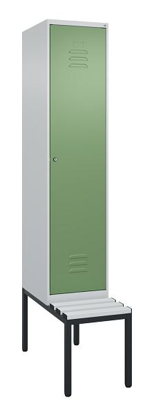 C+P Umkleidespind Classic PLUS mit Mitteltrennwand, Bank, 2120x400x815mm, 7035/6011, Zylinderschloss, 0800507-12F S10021