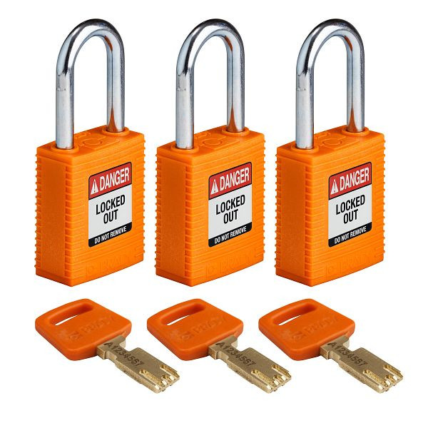 Brady Vorhängeschlösser SafeKey, Stahlbügel, lichte Bügelhöhe 38,10 mm, orange, VE: 3 Stück, 311884