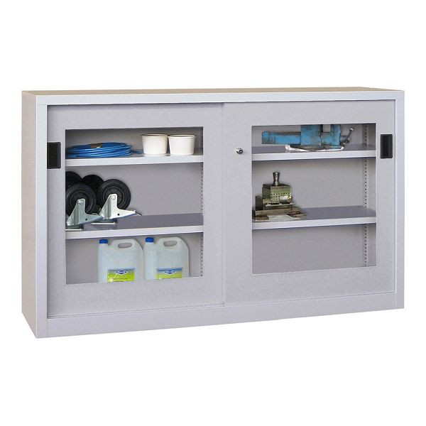 Pavoy Schwerlastschiebetürschrank 1000/1500/400, Mitteltrennwand, 4 verzinkte Fachböden; Sichtfenstertüren; Drehdruckzylinderschloss, 30330-150-490-512204