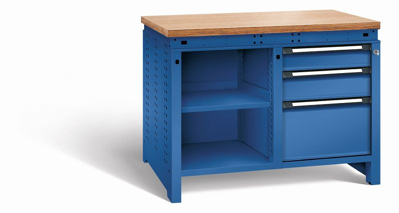 Otto Kind Werkbank Serie function Typ 212, Multiplexplatte, bündig, 2x Unterbau, 1x Zentralverschluss, komplett RAL 5010, 072342113