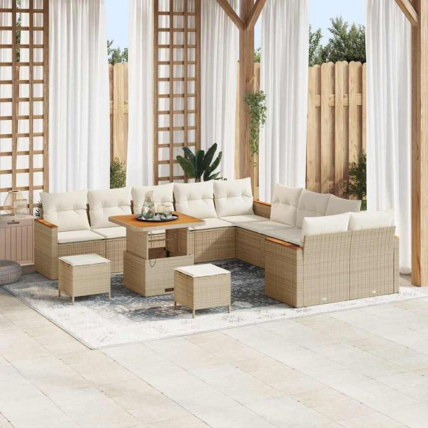 vidaXL Garten-Sofa-Set mit Kissen 13-teilig Beige Poly-Rattan, 3363101