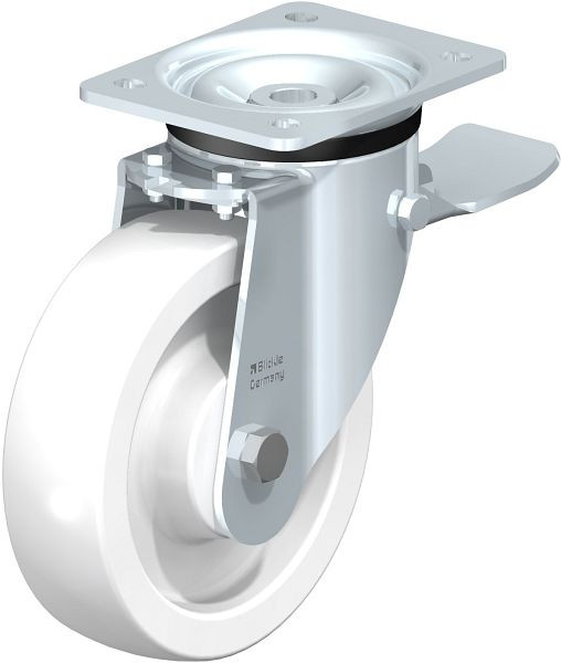 Blickle LK-SPO 175G-ST Stahlblech-Lenkrolle, schwere Ausführung, mit Anschraubplatte & Feststeller, Polyamid, Weiß, 19059