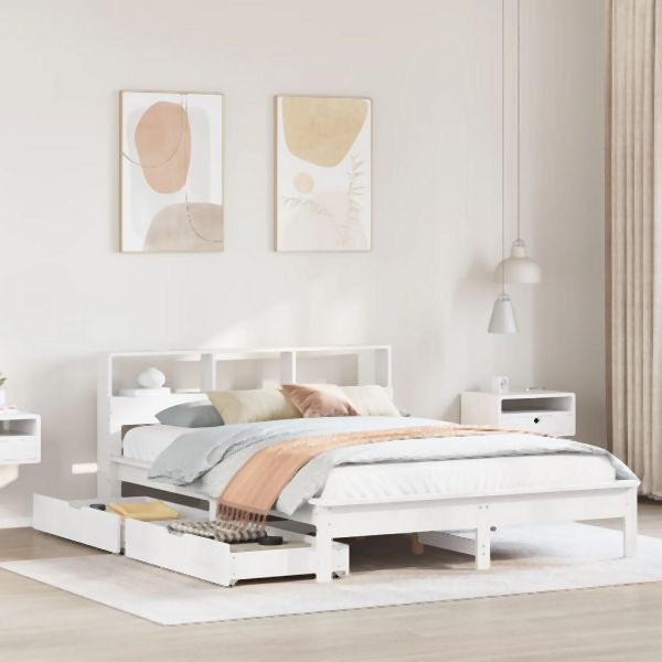vidaXL Massivholzbett mit Regal ohne Matratze Weiß 135x190 cm Kiefer, 3309825