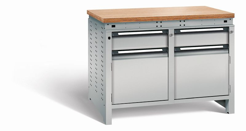 Otto Kind Werkbank Serie function Typ 214, Multiplexplatte 40 mm, bündig, 2x Unterbau + Zentralverschluss, komplett RAL 9006, 072344196