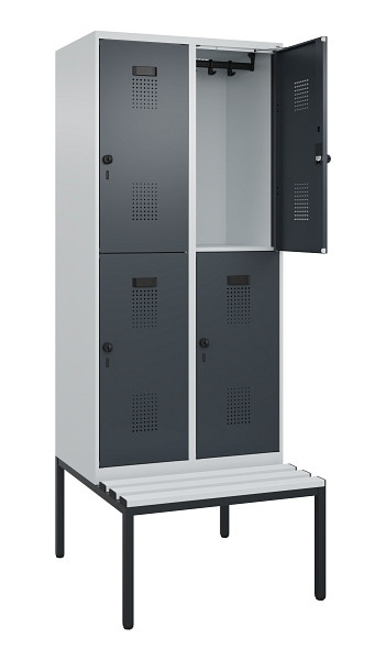 C+P Doppelstock-Spind Evolo PLUS, Bank, 4 Fächer, 2120x800x815mm, 7035/7016, Drehriegel, Sitzfläche Kunststoff, Sitzbank, 0493507-22 S10093