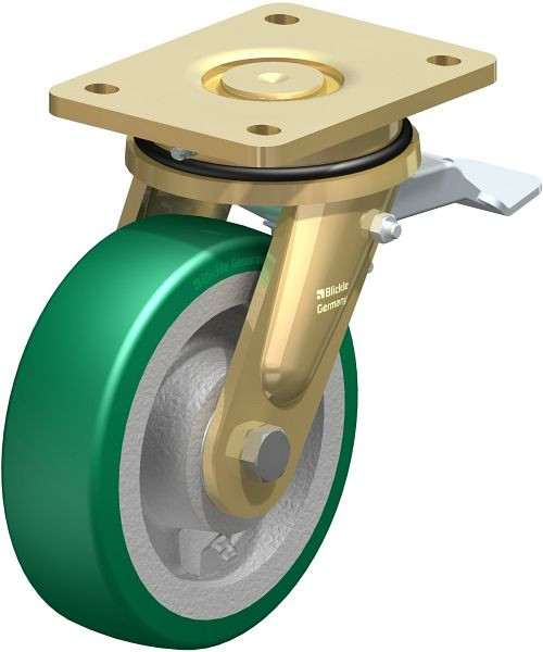 Blickle LS-GST 160K-ST Stahlgeschweißte Schwerlast-Lenkrolle, schwere Drehkranz-Ausführung mit Feststeller, Blickle Softhane®, Grün, 755046