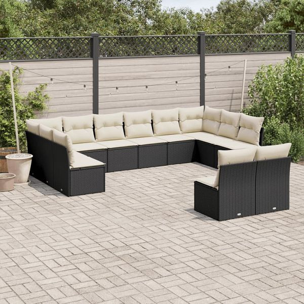 vidaXL 12-teilig Garten-Sofagarnitur mit Kissen Schwarz Poly Rattan, 3250205