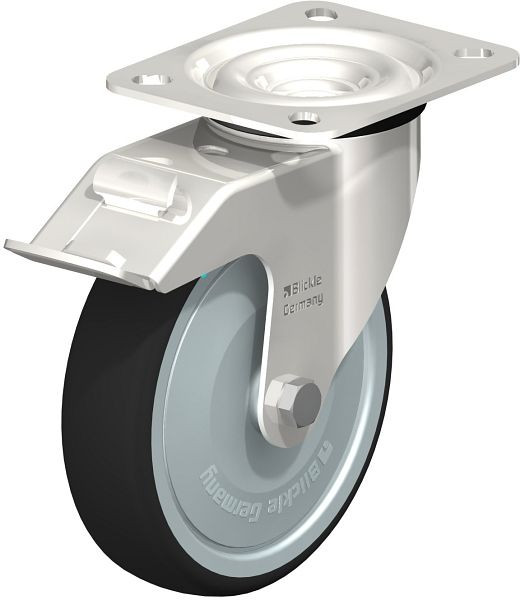 Blickle LEX-PATH 125KD-FI-FK Edelstahl-Lenkrolle mit Anschraubplatte & Feststeller, Thermoplastisches Polyurethan, Grau, 754506