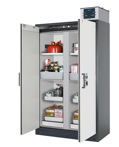 asecos Feuerbeständiger Gefahrstoffschrank Select, Mittelwand, Einlegeböden, Auszugswannen, weiß, 266861