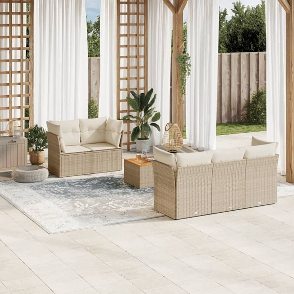 vidaXL 6-teilig Garten-Sofagarnitur mit Kissen Beige Poly Rattan, 3255813