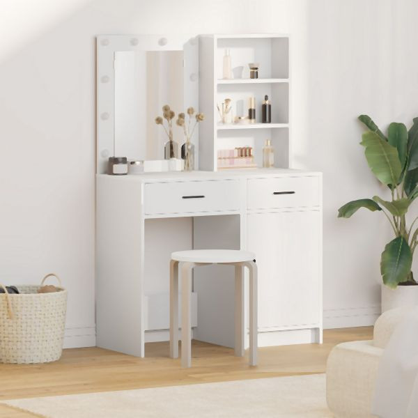 vidaXL 2-teiliges Schminktisch-Set mit LED in Weiß aus MDF, 3334272