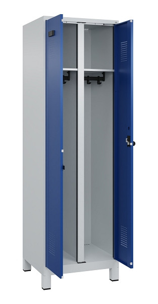 C+P Schwarz-Weiß-Spind Evolo PLUS, mit Füßen, 2 Abteile, 1950x600x500mm, 7035/5, Frontfarbe RAL 5010 Enzianblau, Drehriegel, 049012-20 S10006