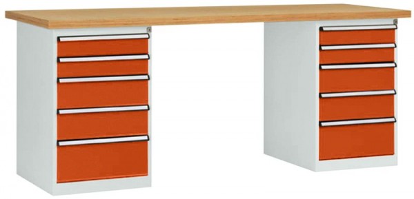 Manuflex Werkbanksystem COMBI, 2 Gehäuse Modell 2 mit massiver Bucheplatte, BxTxH = 2000 x 700 x 840 mm, Rotorange, WC5113.2001