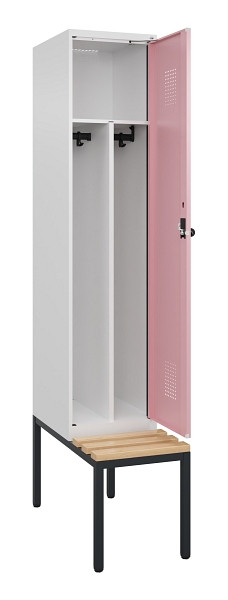 C+P Spind Evolo PLUS, 1 Abteile, 2120x400x815mm, 9016/3015, Haken 4, Drehriegel, Sitzfläche Buche-Hartholz, Sitzbank, Trennwand, 0490507-12F S10018