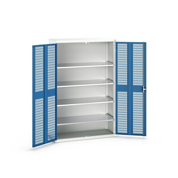 bott verso Flügeltürschrank mit Belüftung, mit 4 Fachböden, BxTxH: 1300 x 550 x 2000 mm, Lichtgrau / Enzianblau, 16926783.11