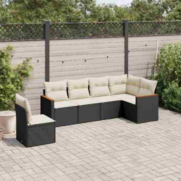 vidaXL 6-tlg. Garten-Sofagarnitur mit Kissen Schwarz Poly Rattan, UV-beständig, 3258416