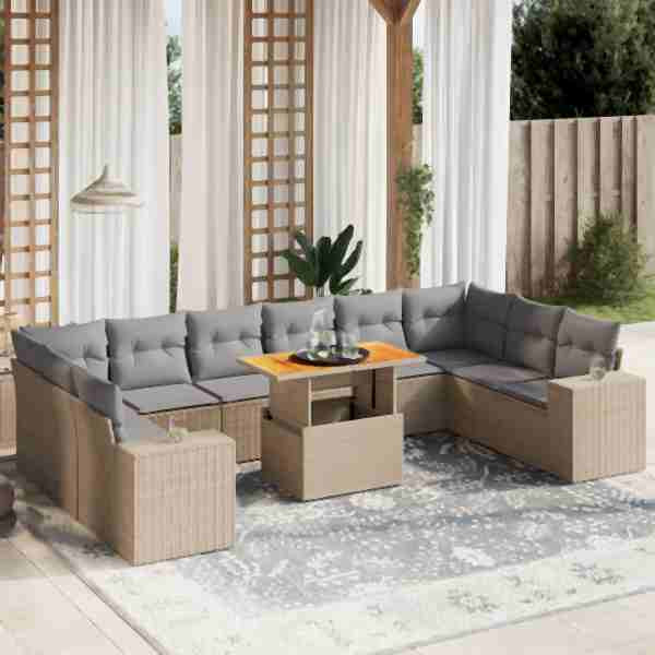vidaXL 11-tlg. Garten-Sofagarnitur mit Kissen Beige Poly Rattan, UV-beständig, 3272809