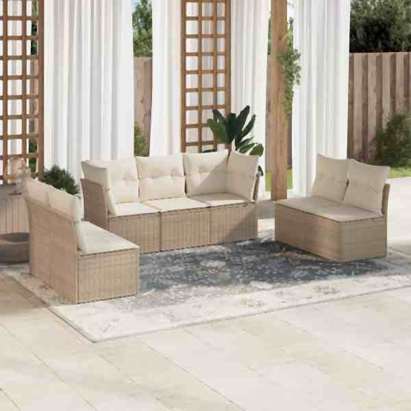 vidaXL 7-tlg. Garten-Sofagarnitur mit Kissen Beige Poly Rattan, UV-beständig, 3249247