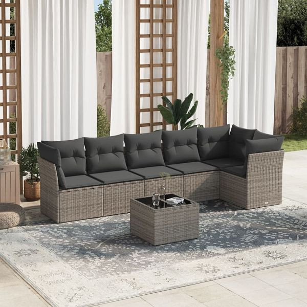 vidaXL 7-teilig Garten-Sofagarnitur mit Kissen Grau Poly Rattan, 3217670